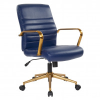 OSP Home Furnishings FL22991G-U5 Mid-Back Navy Faux Leather Chair with Gold Finish Arms and Base